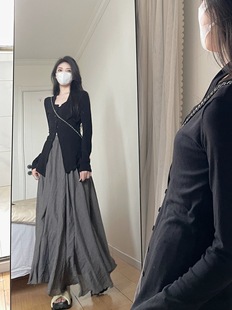 女2023春秋新款 针织开衫 复古灰色半身裙子套装 法式 高级感垂感长裙