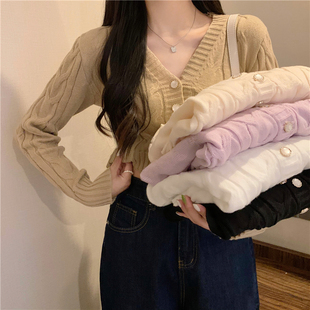 韩版小个子V领长袖麻花毛衣女2024新款春季开衫修身显瘦短款上衣