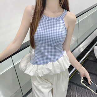 不规则网纱拼接蓝色格子挂脖吊带背心女春外穿设计感修身无袖上衣