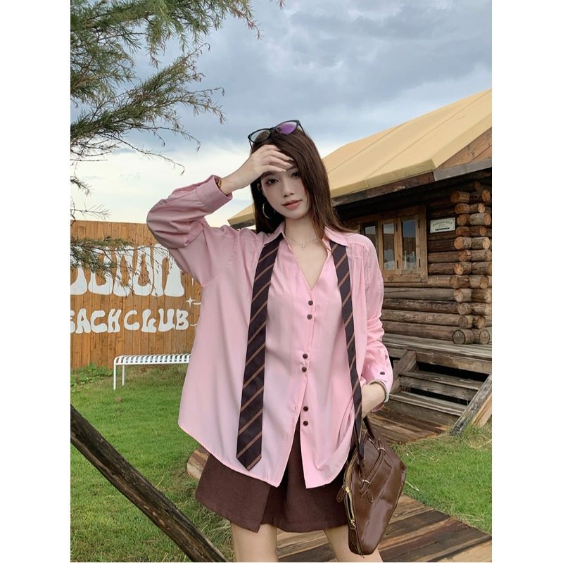 时尚减龄粉色领带落肩袖衬衫女秋季高级感纽扣宽松通勤百搭衬衣潮