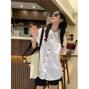 彩扣衬衫女夏季韩版学生宽松短袖衬衣港风复古设计感百搭上衣新款