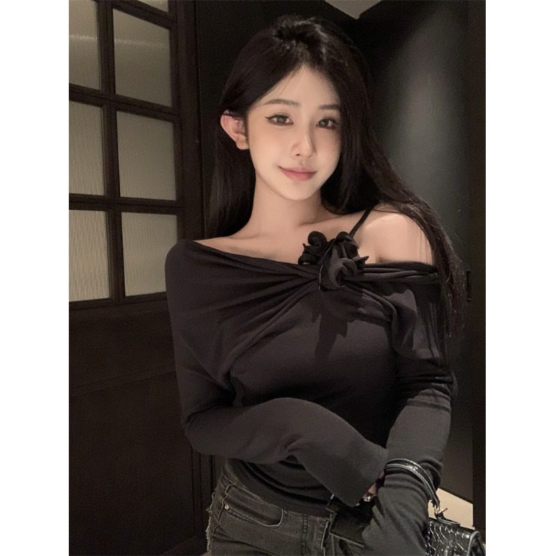 立体花朵一字肩T恤女秋冬长袖