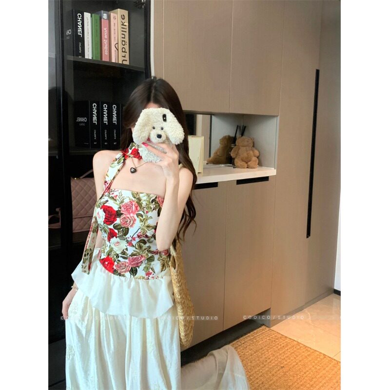 2026夏季花朵飘带性感抹胸背心