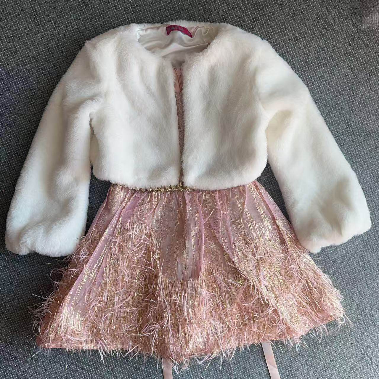 超美外单秋冬款4-10女童毛毛外套长袖外套+金丝羽毛连衣裙两件套,童装/婴儿装/亲子装,连衣裙,淘宝优惠券,粉丝福利购,淘宝优惠卷