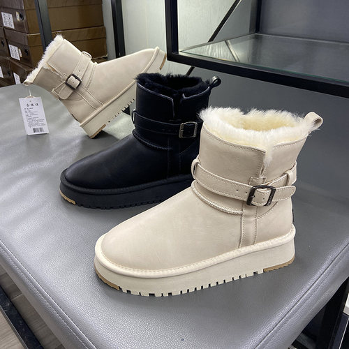 冬真皮全羊毛皮带扣雪地靴女中筒