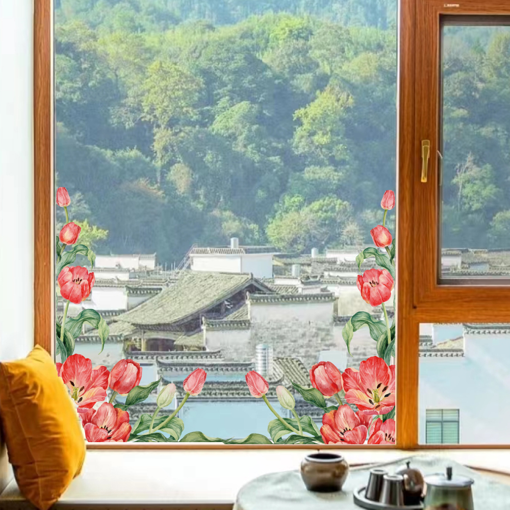 简约ins风郁金香窗户装饰贴纸 书房阳台厨房玻璃门防撞窗花贴画