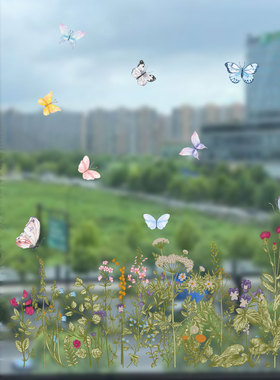 春天绿意蝴蝶花卉玻璃装饰静电贴