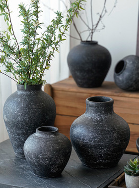侘寂风粗陶花瓶插花器摆件