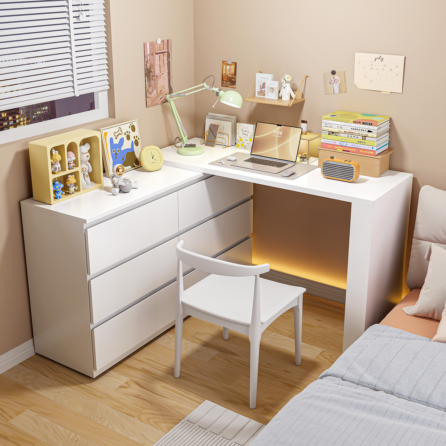 钢制转角书桌学习桌书柜一体靠墙床边梳妆台电脑桌卧室家用工作台
