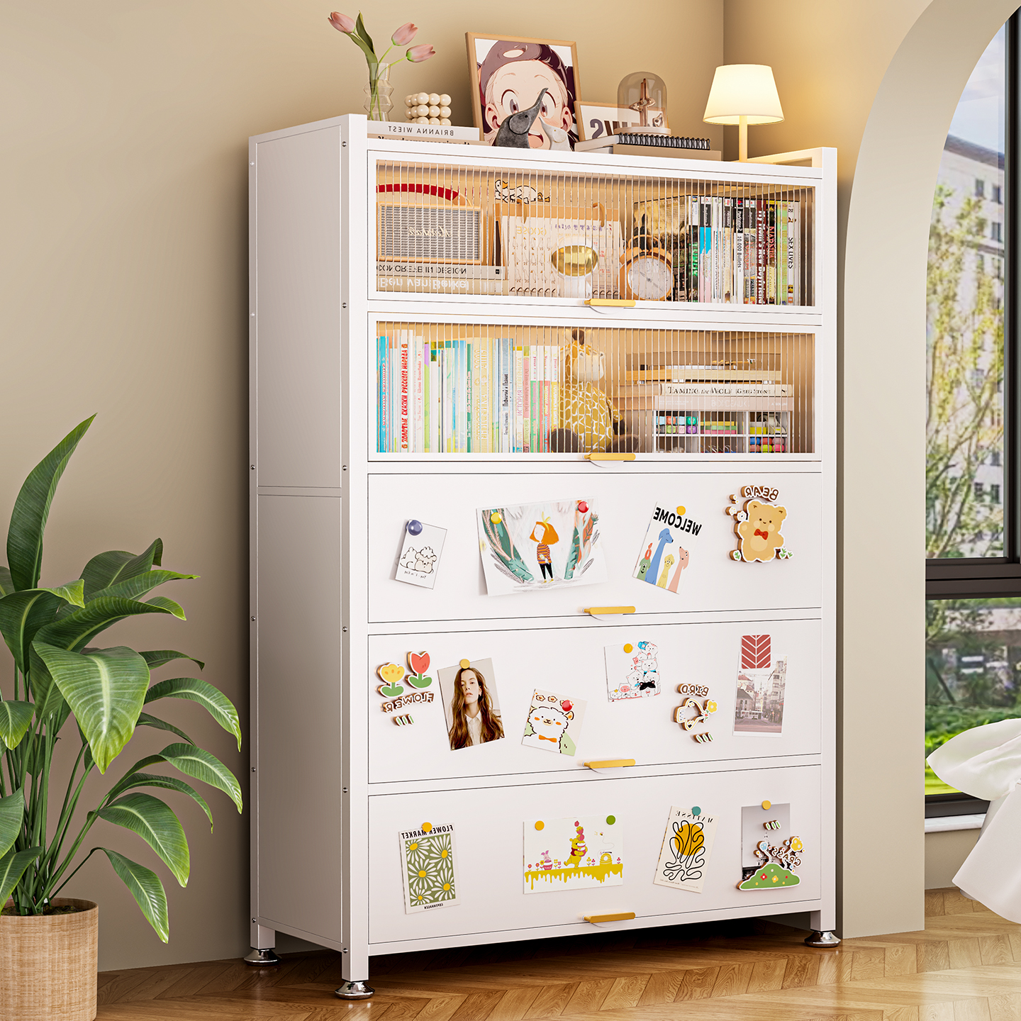 钢制防尘书柜儿童书架一体靠墙落地收纳柜客厅展示柜家用储物柜