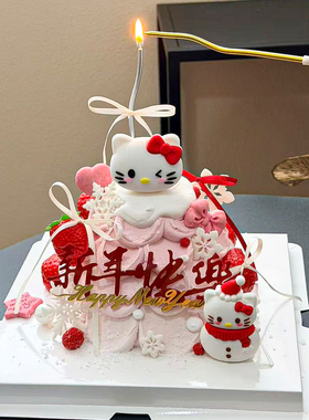 2026新年快乐蛋糕装饰蝴蝶结雪人KT猫跨年元旦春节亚克力蜡烛插件