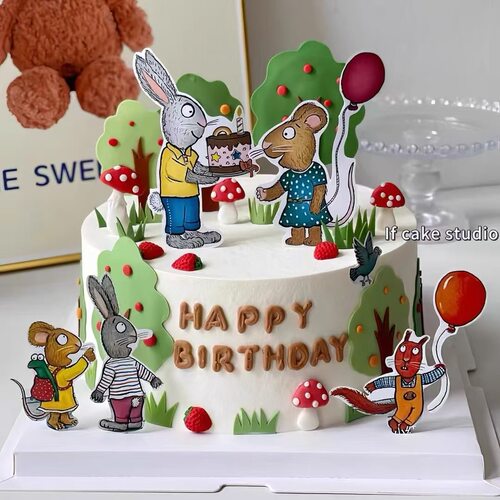 新款手绘波西和皮普蛋糕装饰插牌生日周岁小兔子气球儿童卡通插件