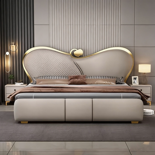 现代简约储物皮艺床真皮床轻奢主卧2米x2米大床双人1.8米高端婚床