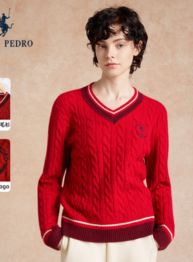 保罗彼得2025秋冬新年女式针织衫v领羊毛宽松红色毛衣PPEDM00050