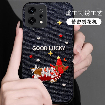 秋冬牛仔布刺绣适用OPPOReno14手机壳/2026年10新款12高级感3冬天9+保护套7se保暖6女款4防摔14硅胶4布艺7