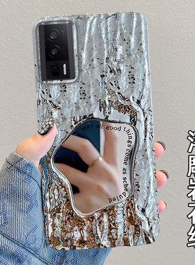 浮雕岩石纹镜子适用redmi红米K60手机壳潮流k40s防摔note122024年女款note10Pro新品note10 5G全包小米13新款