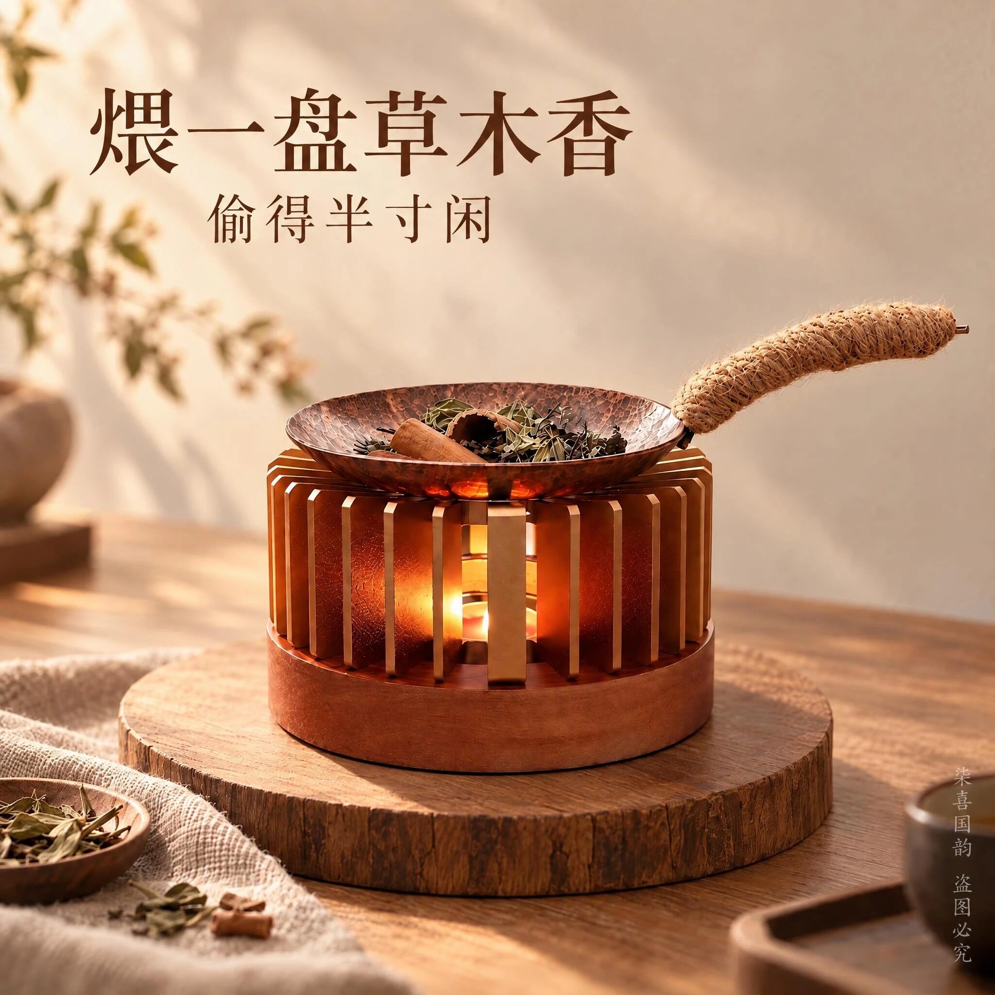 铜锅香薰炉草本植物烤香温茶炉天然植物鼠尾草雪松提香净化空间