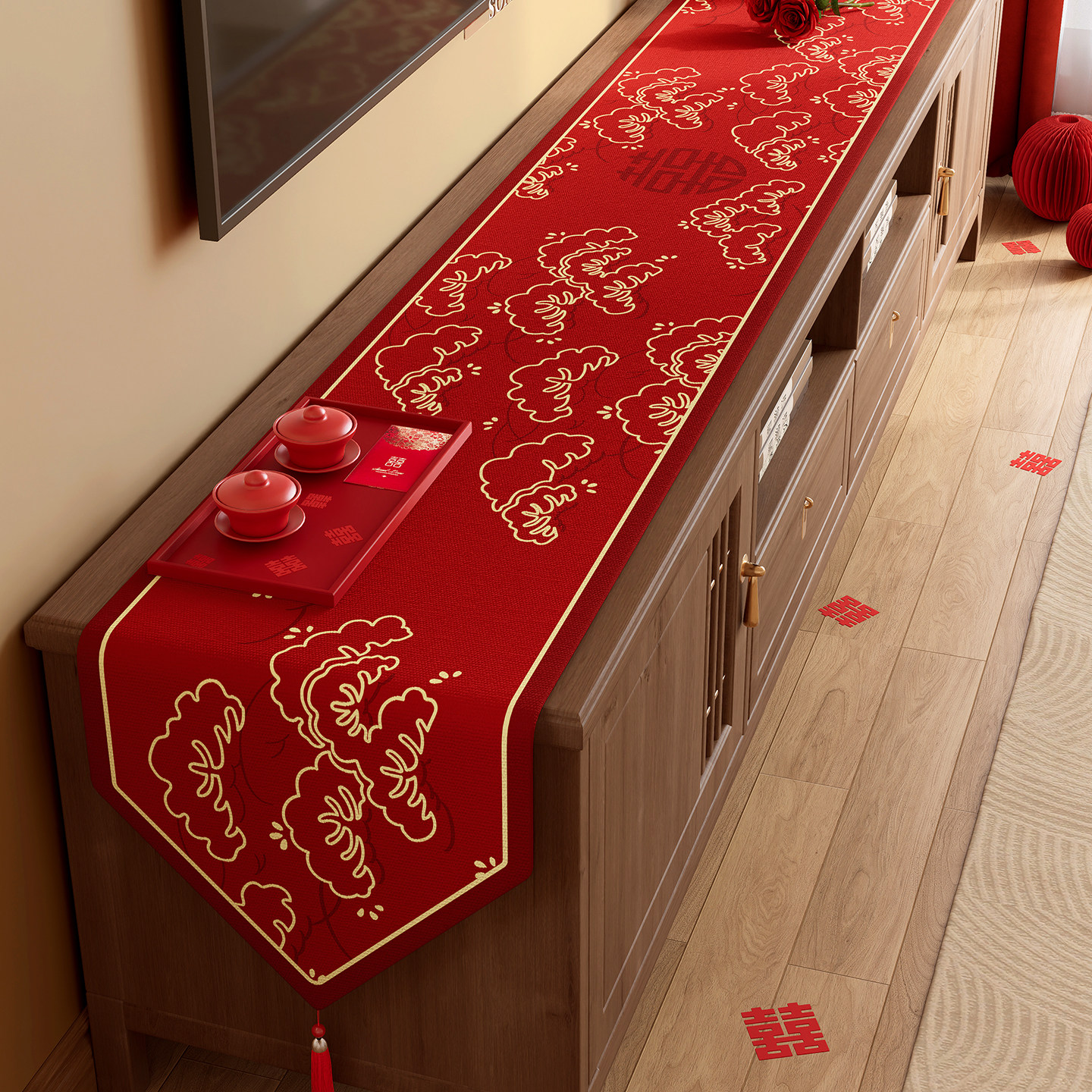 结婚电视柜桌旗新中式红色喜字餐边柜长条盖布婚房喜庆装饰茶几布,居家布艺,桌旗,淘宝优惠券,粉丝福利购,淘宝优惠卷