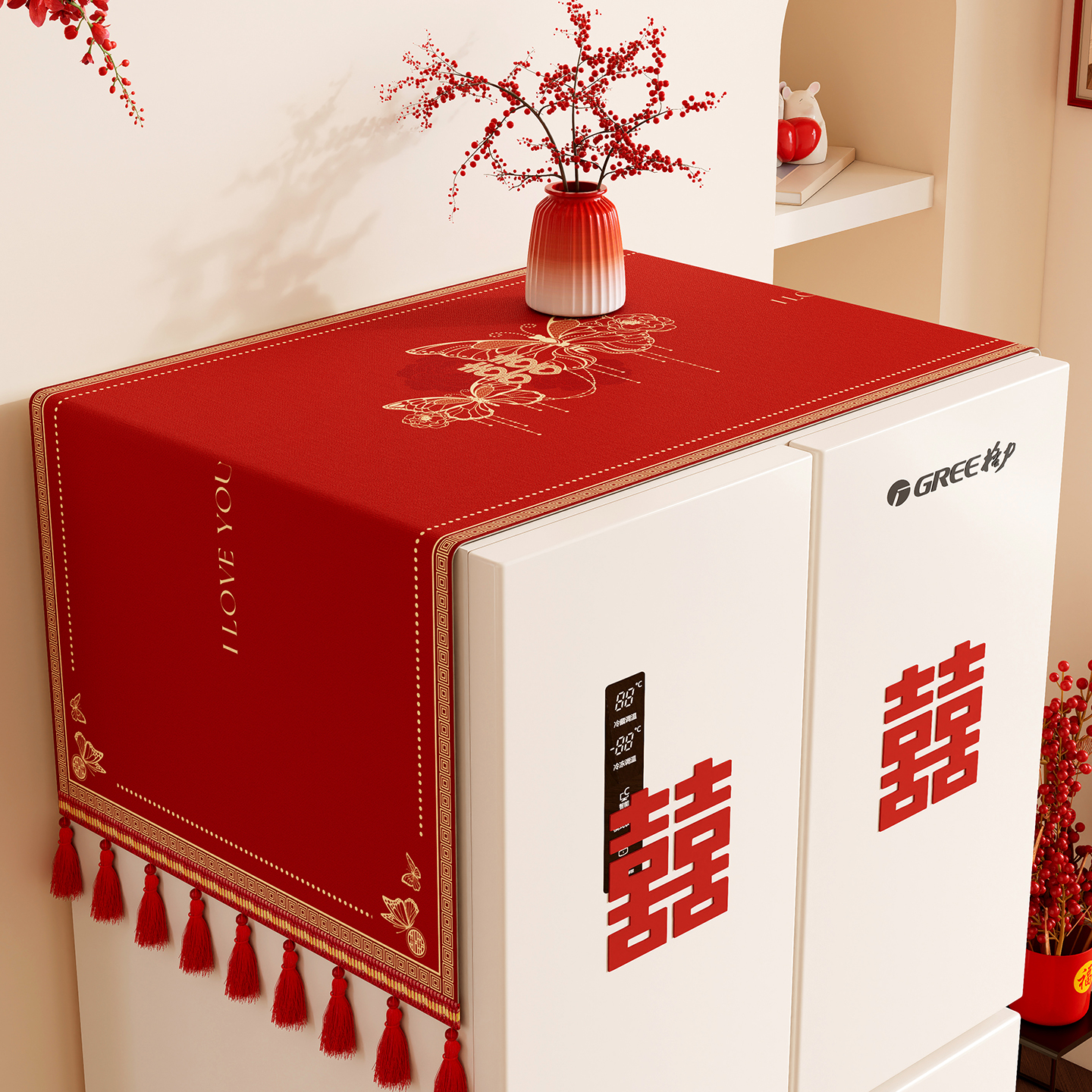 结婚冰箱盖布红色微波炉盖巾