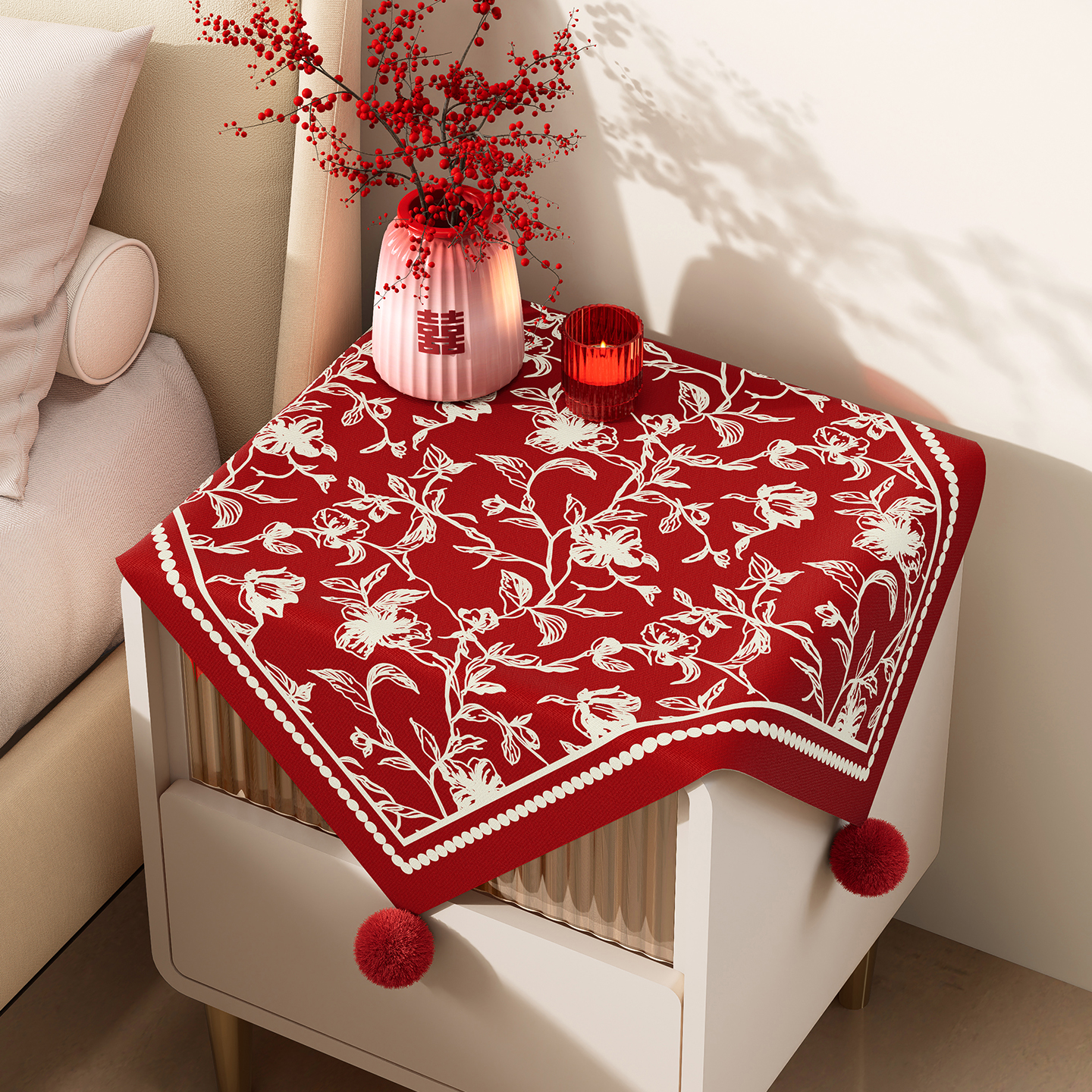 结婚床头柜盖布婚房红色喜字装饰