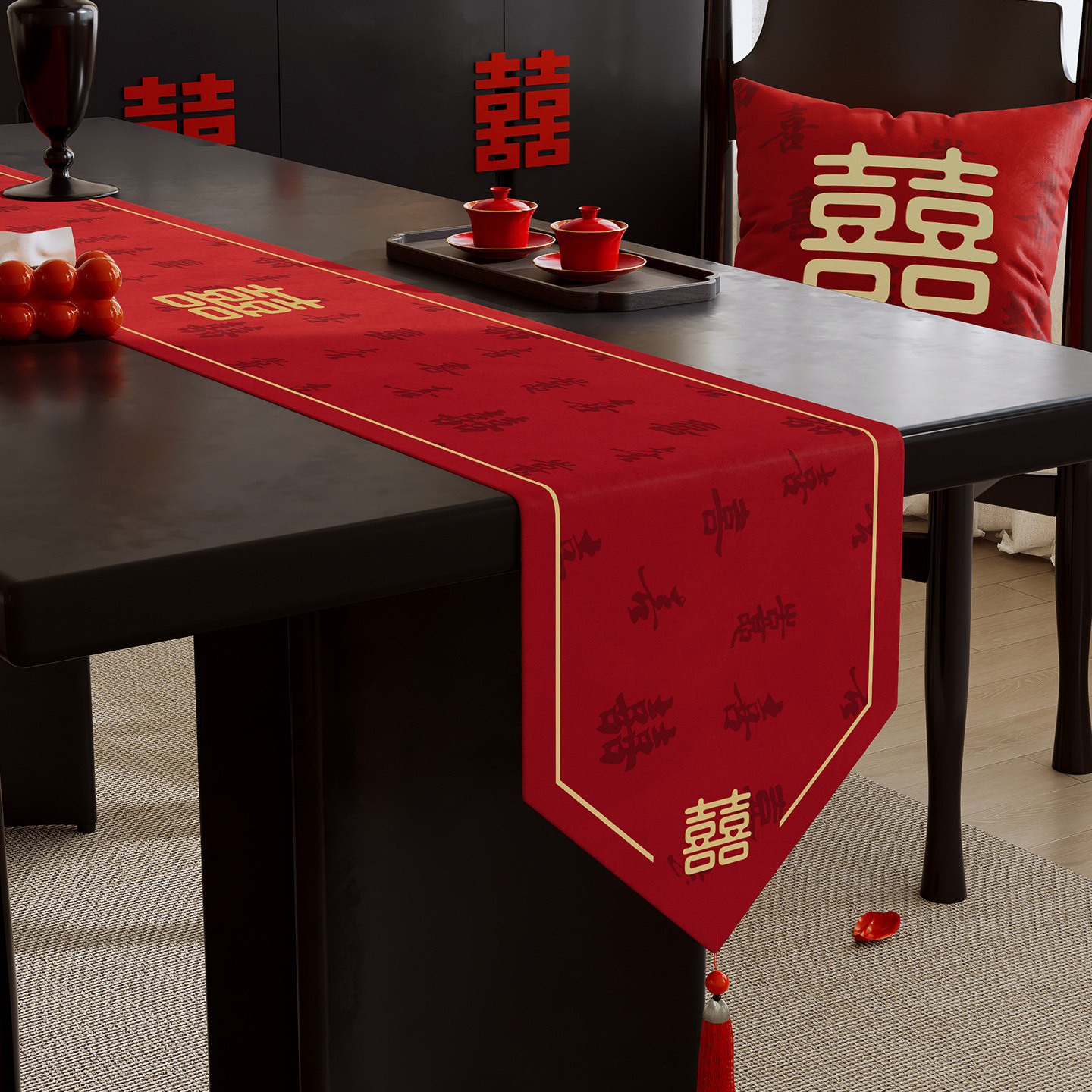 婚庆喜字红色长条桌旗图片