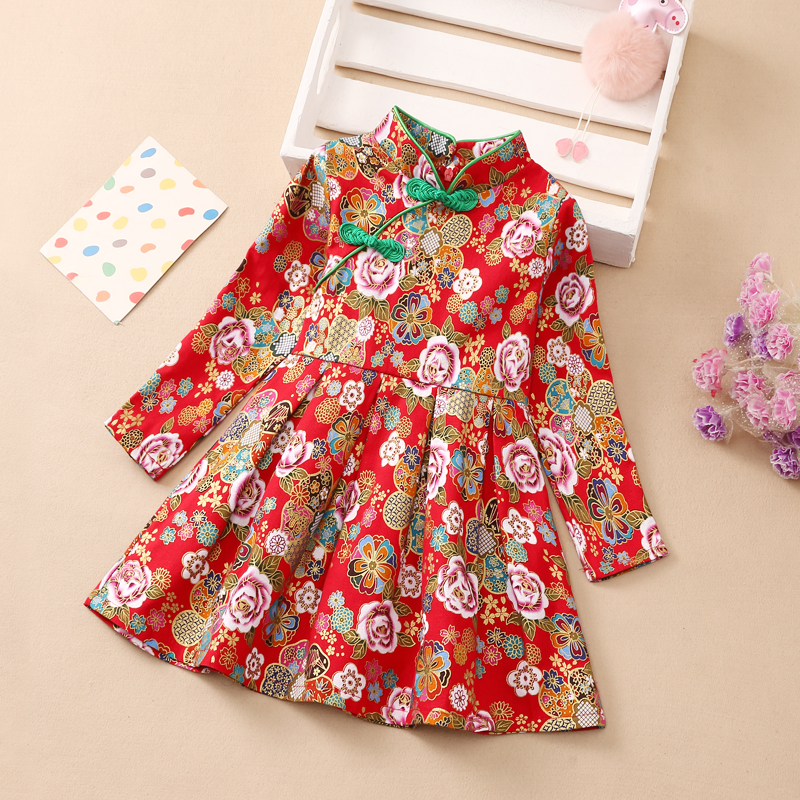 女童旗袍连衣裙春秋新款中国风洋气儿童汉服公主裙小女孩长袖裙子
