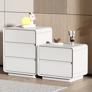 奶油风烤漆实木床头柜简约现代意式轻奢极简网红床边三抽三斗柜子
