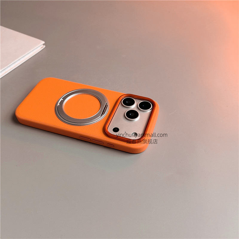 橙色金甲旋转支架适用苹果17手机壳16Pro半软15pro简约磨砂高级感iPhone15防摔14新款17pro全包16promax男女