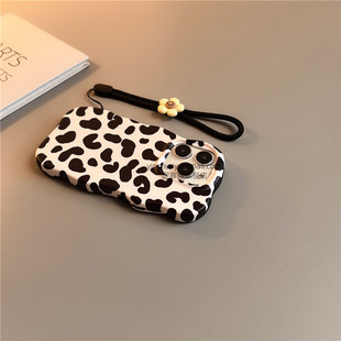 白底黑豹纹波浪挂绳适用苹果17手机壳硬壳16pro磨砂15Pro全包14卡通17pro可爱iPhone15防摔16promax女13新款