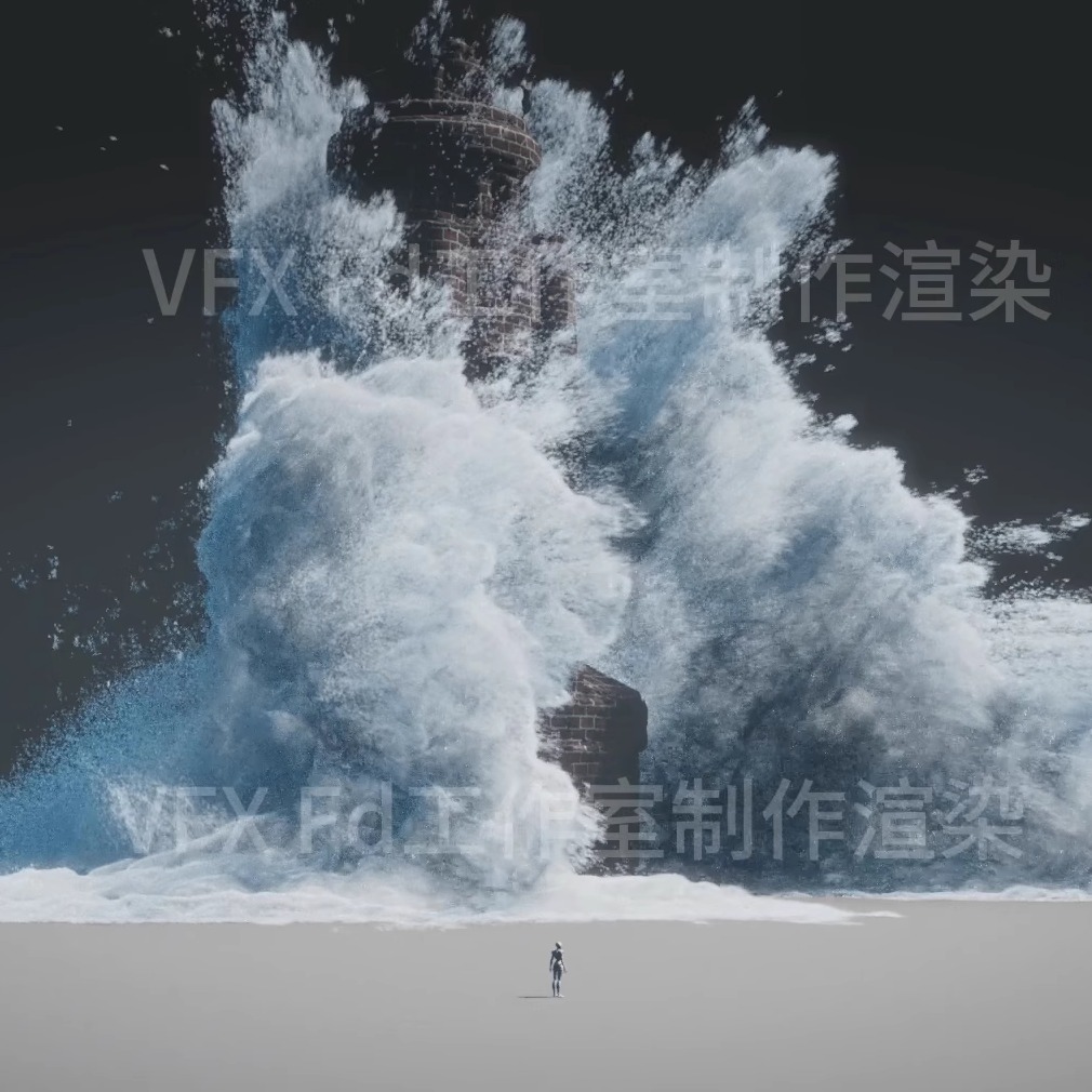 Houdini20浪花冲击灯塔工程文件解算渲染 含Fd1.3泡沫工具包