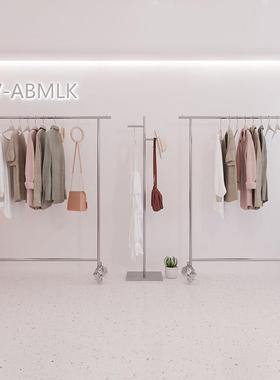 服装店挂衣架不锈钢银色中岛落地式陈列架女装店uus展示架带滑轮