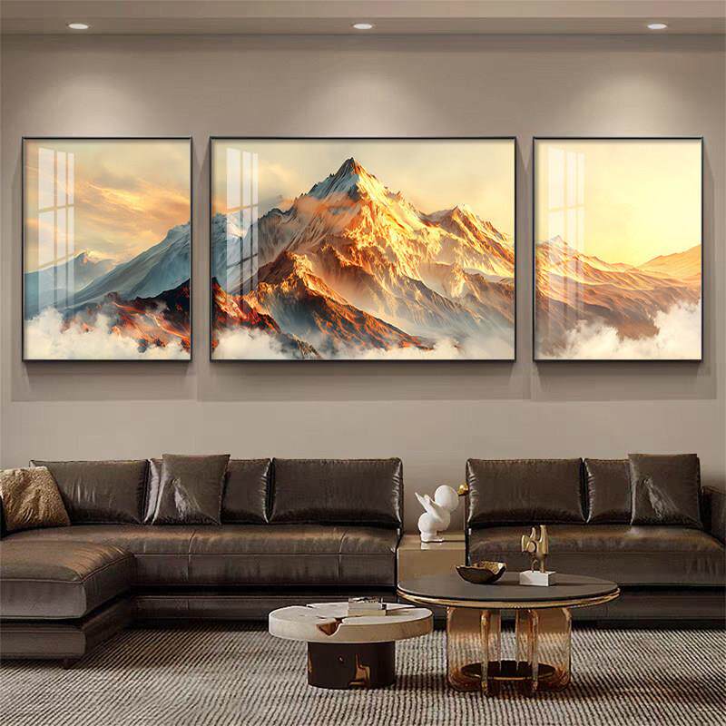 日照金山客厅装饰画现代轻奢沙发背景墙挂画2026好寓意三联壁画