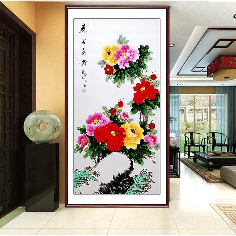 客厅卧室新中式玄关装饰国画牡丹中堂挂壁画洛阳花鸟手绘真迹竖版