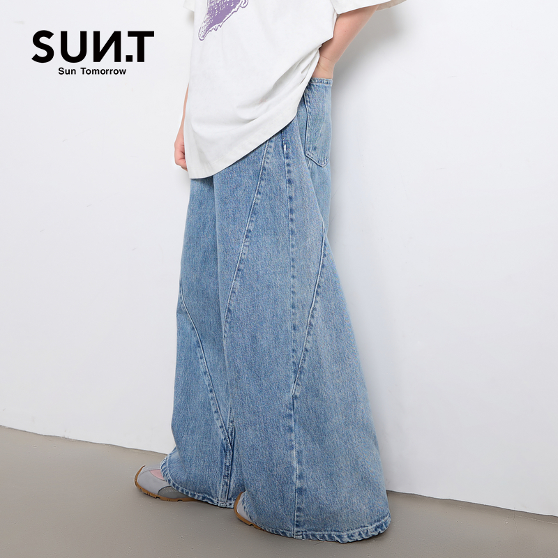 suntomorrow女童牛仔裤子春季宽松休闲中大童儿童直筒阔腿裤长裤
