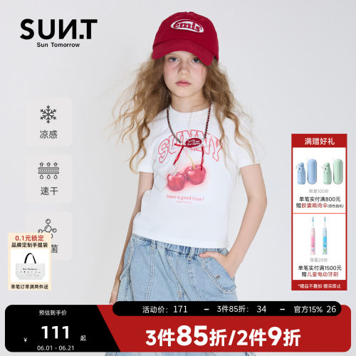 凉感抗菌suntomorrow女童短袖T恤夏季2026水果印花蝴蝶结修身上衣
