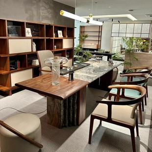 新中式 高端奢石茶台北美黑胡桃木现代轻奢办公室家用定制 茶桌新款