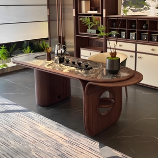 新中式 办公室岩板泡茶台 北美黑胡桃木茶桌椅现代简约家用高端时尚