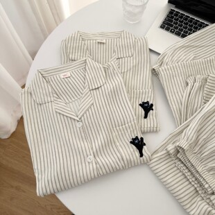 WALKING 三件套情侣刺绣腊小黑猫睡衣男夏少女短袖短裤长裤家居服