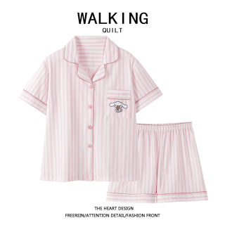 WALKING 卡通玉桂狗睡衣女士夏季网红爆款条纹短袖家居服两件套装