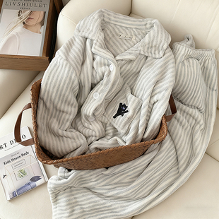 韩系ins条纹小黑猫珊瑚绒情侣睡衣男女冬季加厚保暖法兰绒家居服