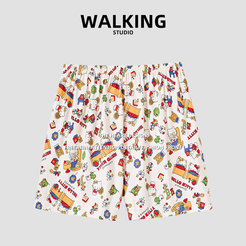 WALKING 睡裤女夏季遛弯短裤五分裤卡通沙滩裤休闲宽松懒人居家裤