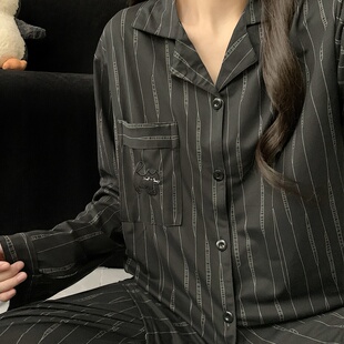 卡通小黑猫男士睡衣春秋季云朵棉绸条纹长袖长裤青少年秋冬家居服