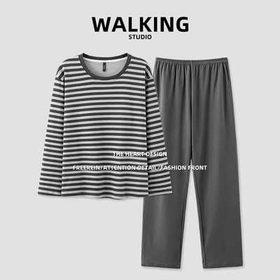 日本纯棉睡衣女长袖条纹春秋