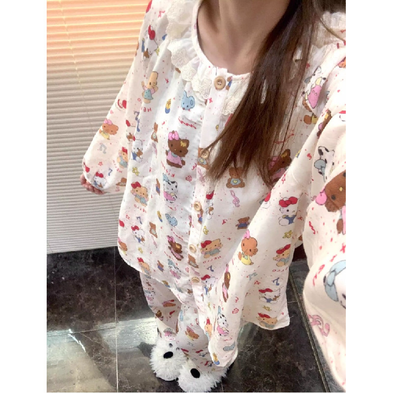 新款可爱小猫精致睡衣棉质少女学生春秋款长袖长裤花边家居服套装
