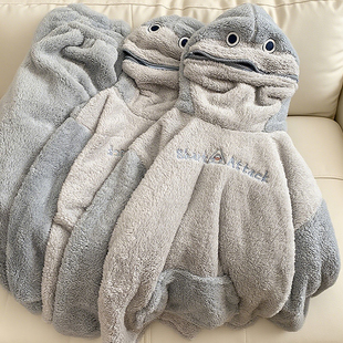 超萌卡通小鲨鱼珊瑚绒情侣睡衣一男一女秋冬加厚保暖法兰绒家居服