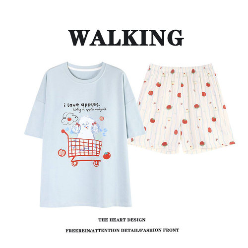 带胸垫睡衣女夏季纯棉短袖