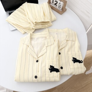 WALKINGins日系小黑猫睡衣女春秋季长袖纯棉大码条纹高级感家居服