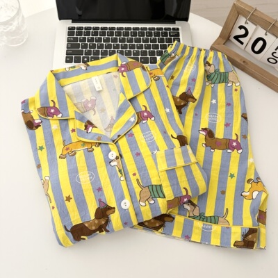 条纹腊肠狗纯棉短袖睡衣女夏季