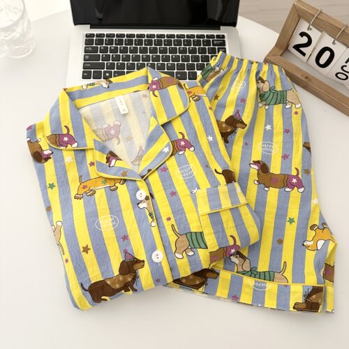 条纹腊肠狗纯棉短袖睡衣女夏季