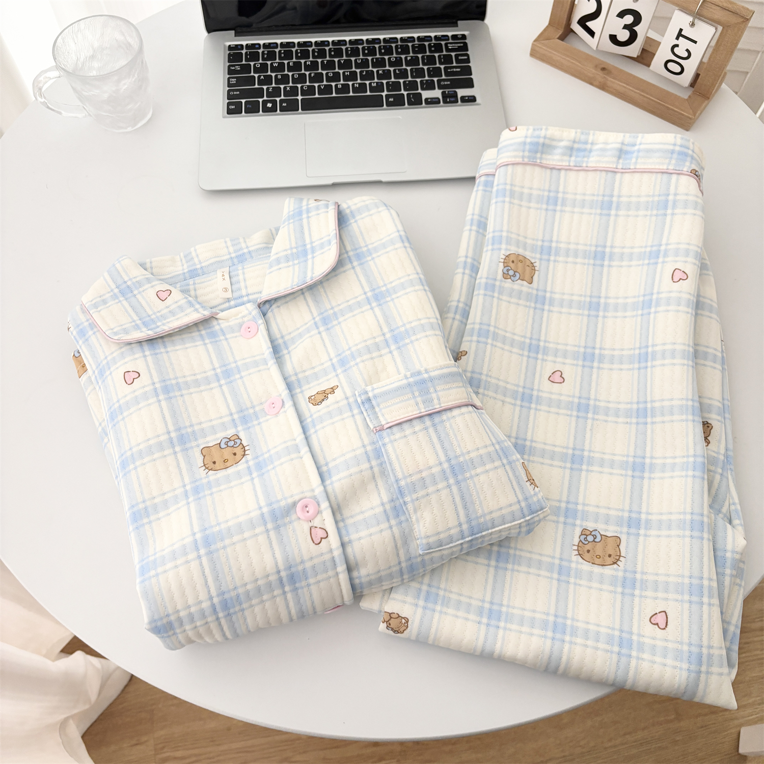 秋冬季可爱卡通蓝格KT猫睡衣